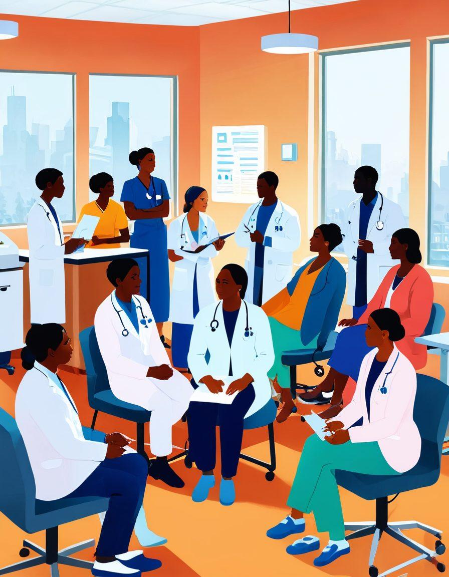 An intricate illustration depicting a diverse group of medical professionals and patients in a modern oncology clinic. Highlight elements like diagnostic tools, supportive interactions, and healing environments. Infuse a sense of hope and collaboration with warm colors and soft lighting. Show diverse ethnicities in the characters to represent inclusivity in cancer care. vector art. vibrant colors.