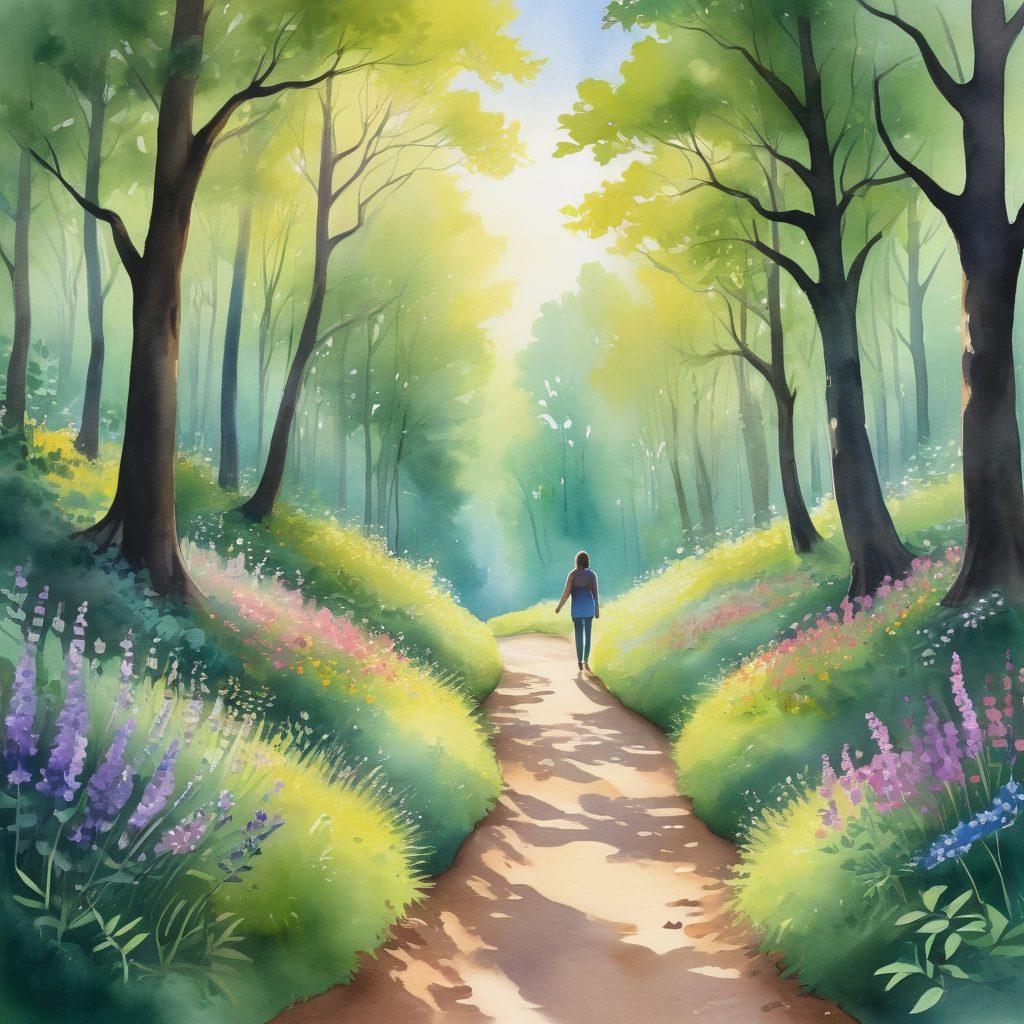 A serene landscape depicting a winding path through a lush green forest symbolizing a journey. Along the path, silhouette figures of diverse individuals holding hands, showcasing unity and support. In the background, soft sunlight filtering through the trees represents hope and healing. Vibrant flowers bloom along the sides, implying growth and resilience. Watercolor style with soft pastel colors.