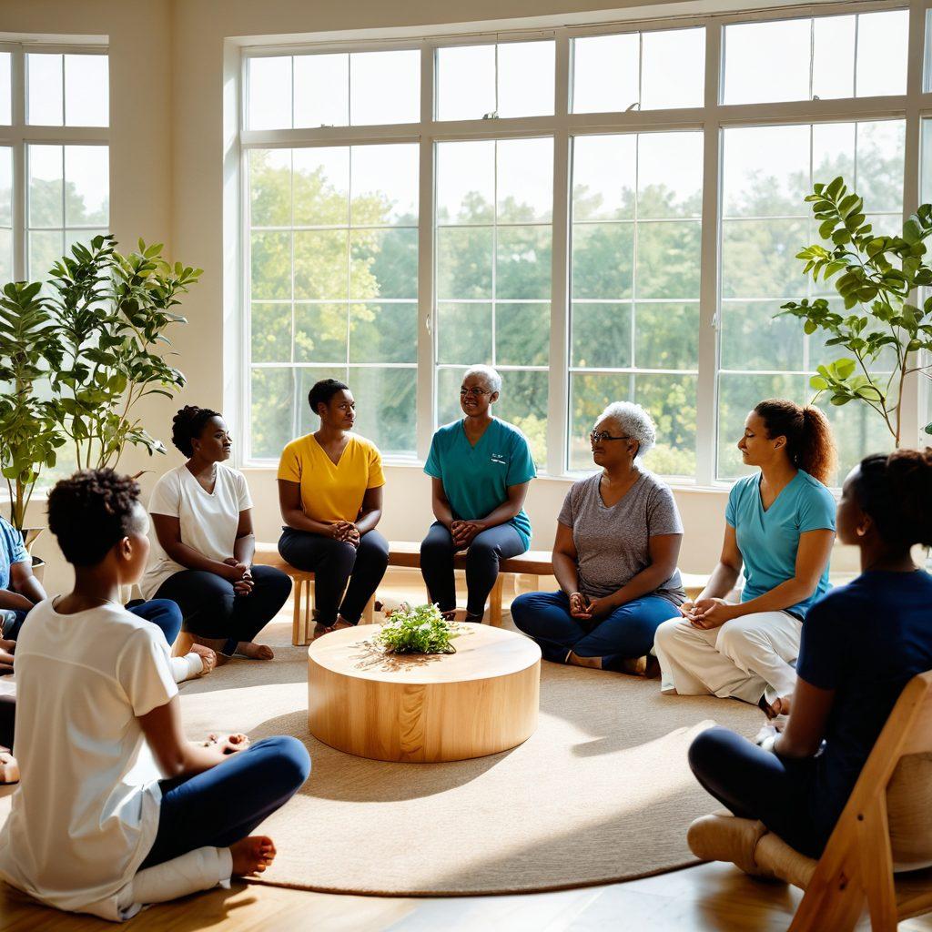 A serene and uplifting scene depicting a diverse group of patients engaging in a supportive wellness workshop. Visual elements include a circular gathering, vibrant plant decorations, and a facilitator demonstrating mindfulness techniques. Include soft sunlight filtering through large windows to symbolize hope and community. Super-realistic. Vibrant colors. Emphasis on warmth and connection.